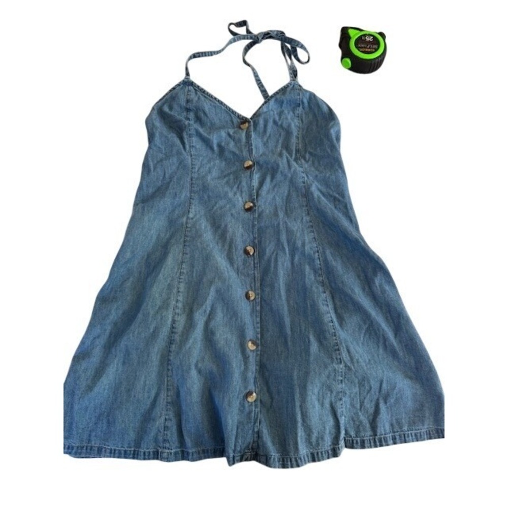 ASOS Denim Blue Halter Mini Dress Button Front Light Wash Cotton Womens US 6